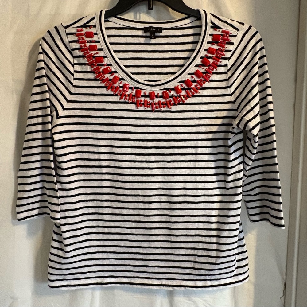 Talbots Striped Black and White Top with Red Beaded Neckline Sz Large Nautical